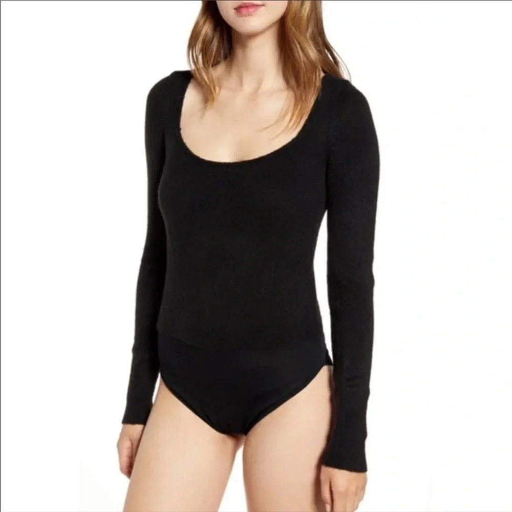 NWT Leith Black Square Neck Long Sleeve Sweater Bodysuit Size Large